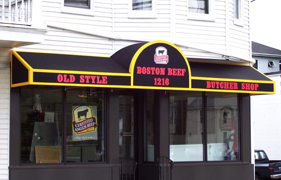 Boston butcher shop store front awning, signs