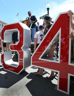 (062217 Boston, MA) Retired Boston Red Sox designated hitter David Ortiz speaks on stage with his number 34 during the dedication of David Ortiz Way in Boston on Thursday, June 22, 2017. Staff Photo by Nancy Lane